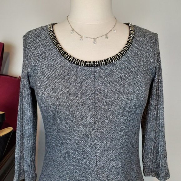 Dressbarn Gray Silver Metallic Threading Embellished Neck Knit Top Size MP - Picture 3 of 8